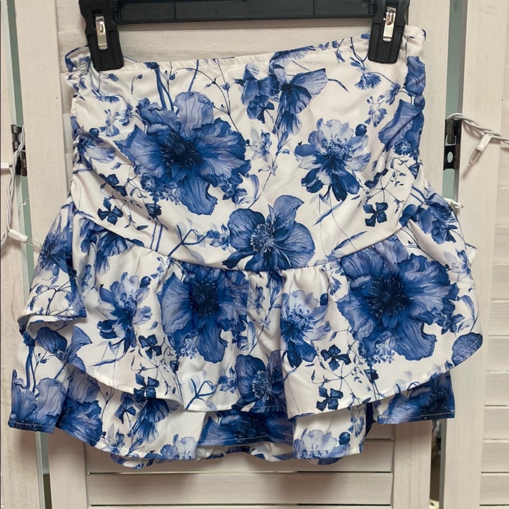 Floral Blue and White Ruffled Skirt